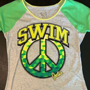 Justice, Kids "swim" t-shirt, gray with green and yellow design, size 20